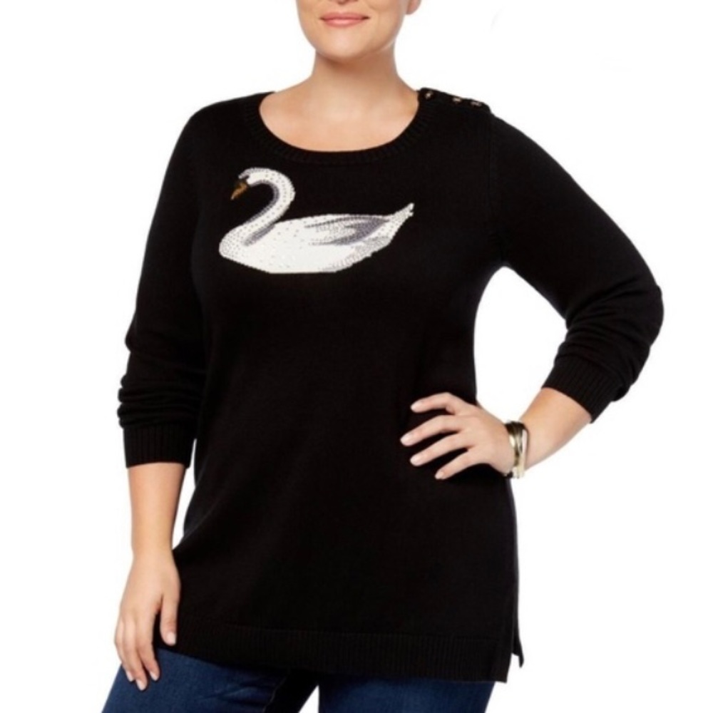 Charter Club Button Detail Sequined Swan Sweater